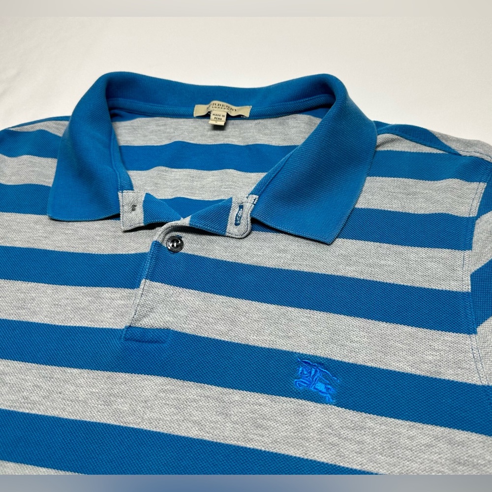 Burberry London Blue/Gray Striped 100% Cotton Polo Shirt Men's Large Slim